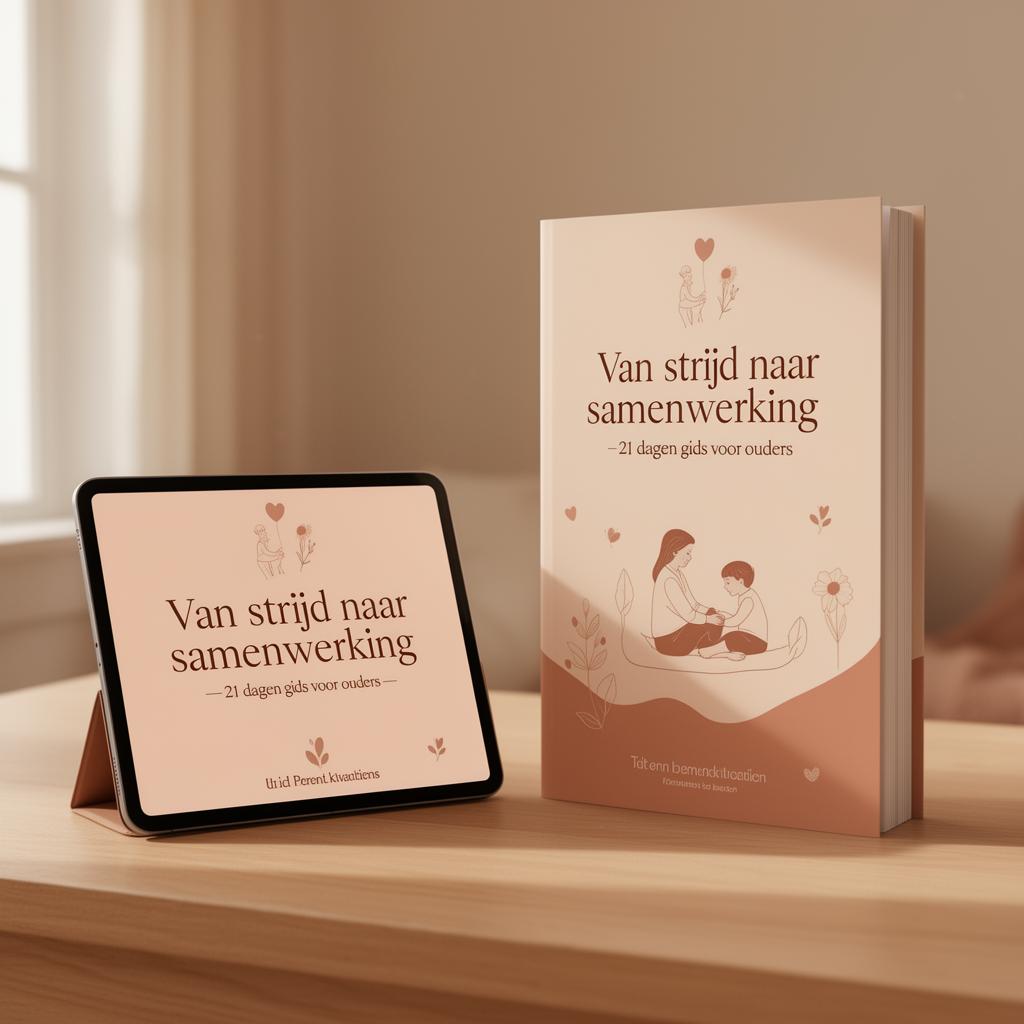 Mockup van de 21 dagen gids voor ouders op tablet en als boek